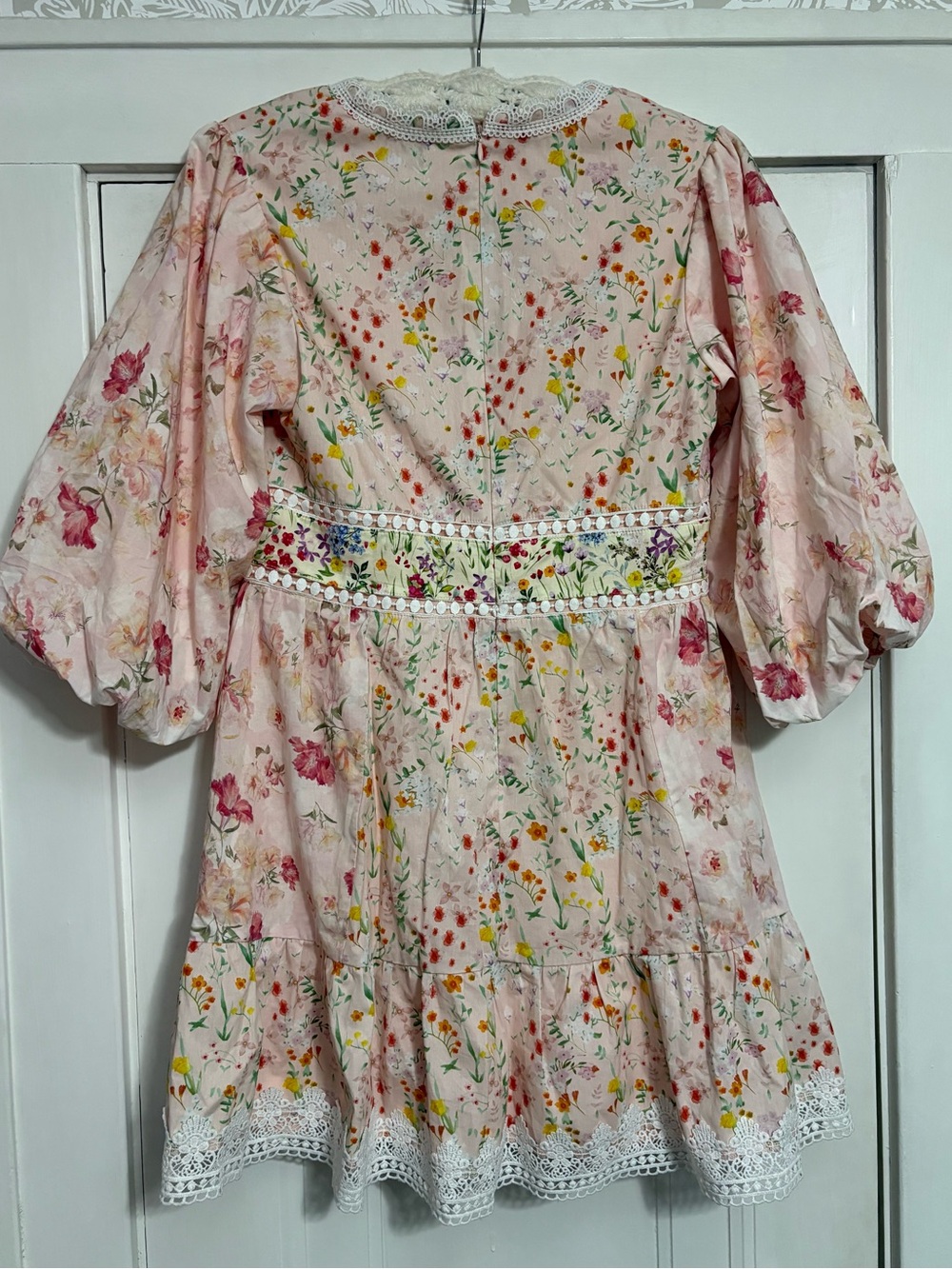NWOT FORE Collection Floral Print Cotton Crochet Bubble Hem Sleeve Mini Dress - Picture 8 of 13